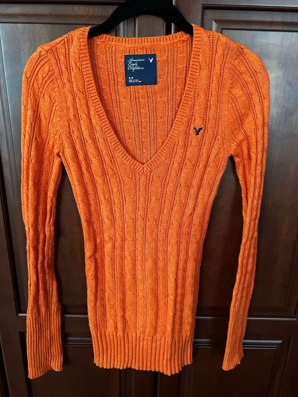 American Eagle Outfitters Orange Cable-Knit V-Neck Sweater